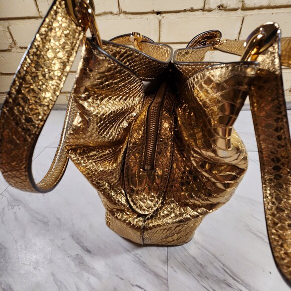 Michael Kors Raven Snakeskin Gold Leather Tote Bag Purse - Picture 7 of 14